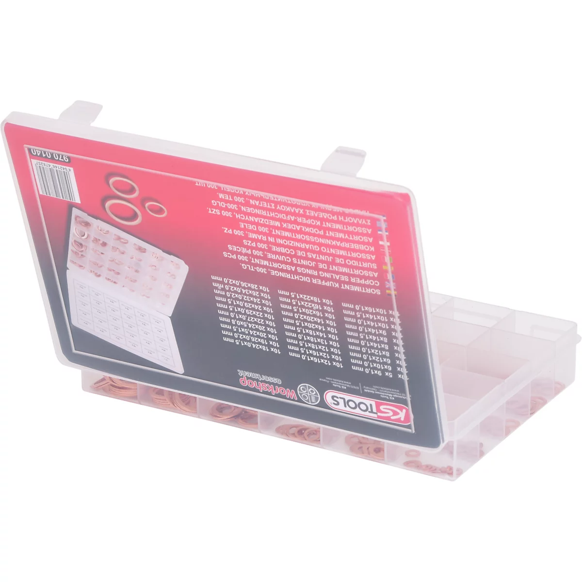 Transparente Sortierbox mit Deckel, Label und Inhalt. Aufschrift: KS TOOLS. O-Ringe.